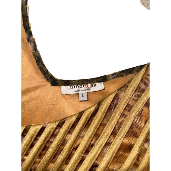 MODELLA Pleated Sleeveless Gold/ Multi-Color Print Overlay Midi Dress Size L - Picture 6 of 16